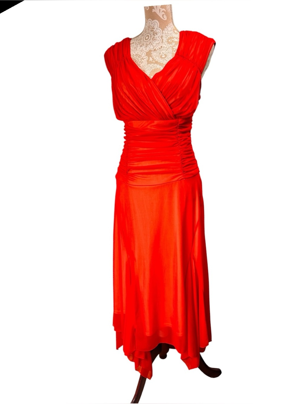 Vintage 80s Ruched Goddess Handkerchief Hem Orange Dress Medium Jody California